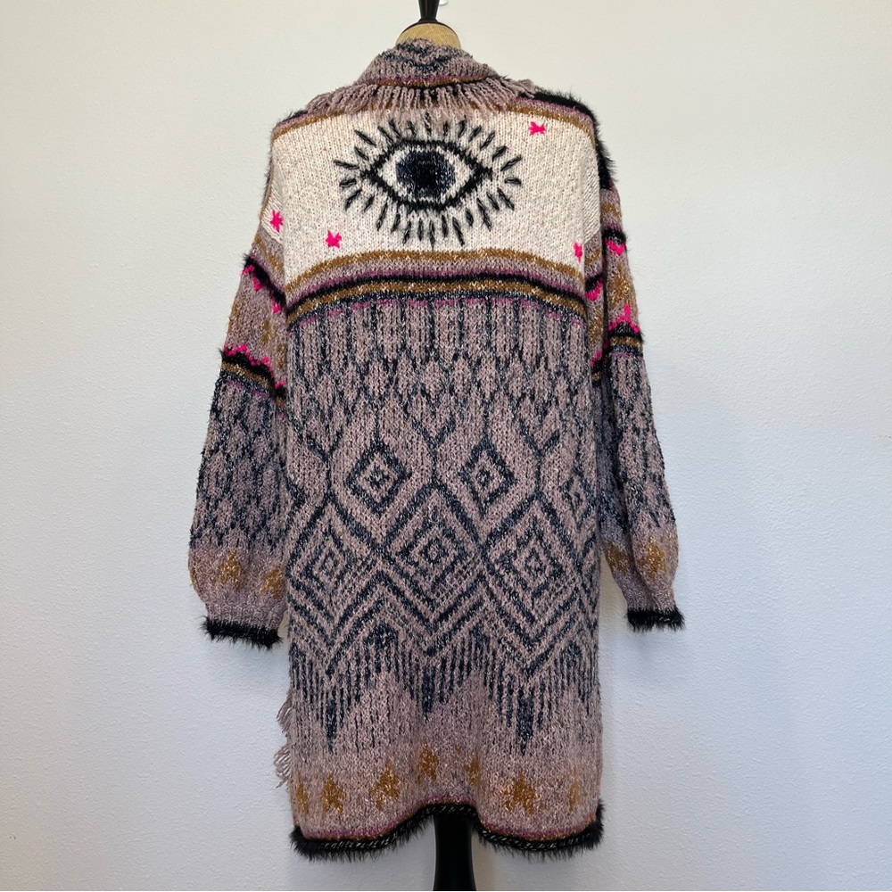 Anthropologie Pink Evil Eye Multicolor Fringe Knit Cardigan 🪬